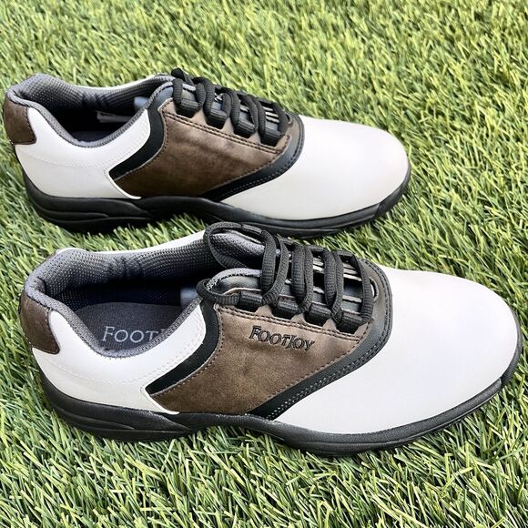 New FootJoy Men\'s GreenJoys Golf Spiked Shoes 8M White/Brown Upper Red Bottom